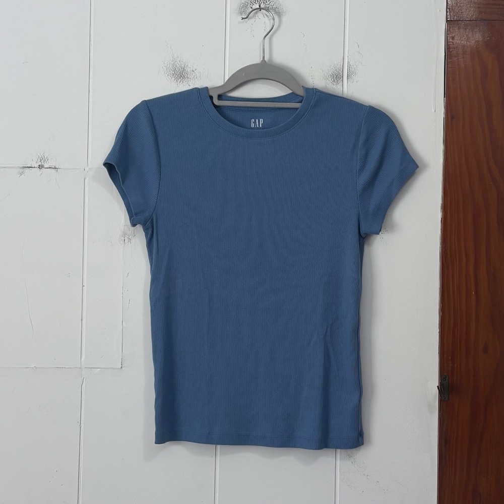 GAP Modern Tee Blue Ribbed Short Sleeve Crewneck Slim Fit T-Shirt Womens Medium